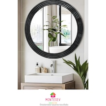 Zümrüt Ahşap Siyah Yuvarlak Ayna Işlemeli Duvar Banyo Aynası 56cm