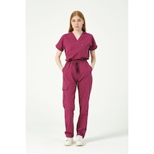 Vişne Likralı Scrubs Kargo Cep Doktor Hemşire Forması Yarasa Kol Takım Unisex