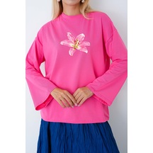 Medinenur Kadın Lily Çiçeğ Baskılı Uzun Kollu Oversize Body Pembe