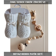 Sahi Aksesuar İsimli Bebek Emzik Zinciri ve Beyaz Bebek Patik Seti Beyaz