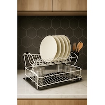 Paslanmaz Metal 2 Katlı Bulaşık Kurutma Sepeti - Tezgah Üstü Bulaşıklık Teli - Beyaz Beyaz