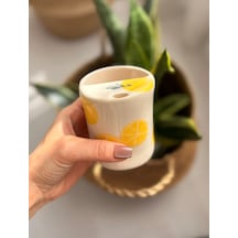 El Yapımı Limon Desenli Seramik Seyahat Kupası Beyaz - Sarı