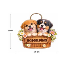 28-25 Cm Hoş Geldin Köpek Çiçek Dekorlu Ahşap Kapı Süsü, Kapı Bahçe Önü Süsü Diğer