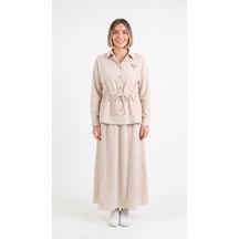Caddebostan Moda Kadın Çilek Keten Beli Bağcıklı Gömlek Ve Etek Takım 7156 Taş Bej