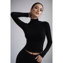 Wild Bee Kadın Siyah Yarım Balıkçı Yaka Uzun Kollu Bluz