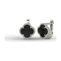 Roza Silver 925 Ayar Oniks Taşlı Rodyum Yonca Gümüş Küpe Re10194