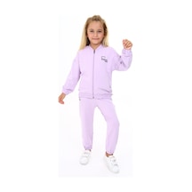 Toontoy Kids Toontoy Kız Çocuk 2'li Takım Baskılı Kolej Yaka Fermuarlı Cepli Sweatshirt & Beli Paçası Lastikli Cepli Jogger Eşofman Altı - 2 İplik Lila