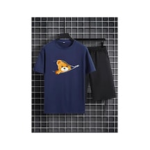 Medinenur Fermuar Ayıcık Desen Baskılı T-shirt Short Bol Paça Rahat Kalıp Siyah Alt Siyah Üst Short Takım Lacivert