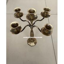Dmr Dekoratif El Yapımı Pirinç Şamdan 5 Li Mumluk 5 Kollu Şamdan 38 Cm Sarı Pirinç