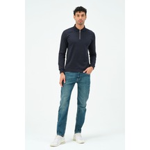 Fermuarlı Uzun Kollu Regular Fit Erkek Polo Yaka T-shirt Lacivert
