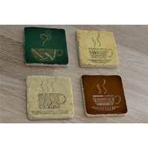 Tipografik Kahve Desenleri Doğal Taş Bardak Altlığı 4'lü Set - Natural Stone Coasters - Taş Beyaz