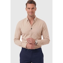 Rizzup Bej Slim Fit Kolay Ütülenebilir Açık Dik Yaka Likralı Erkek Gömlek 2602615