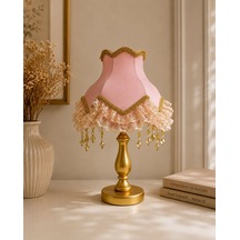Pudra Pembe Gold Süslemeli Başlık Ahşap Gold Ayaklı Klasik Kadife Abajur 45x28cm