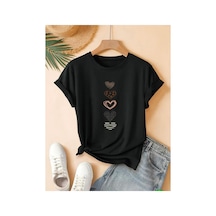 Medinenur Çoklu Kalp Baskılı Basic T-shirt Siyah
