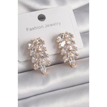 Pirinç Gold Renk Zirkon Taşlı Yaprak Model Kadın Küpe Çok Renkli