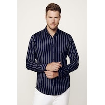Tudors Erkek Slim Fit Dar Kesim Uzun Kollu Pamuklu Kolay Ütü Çizgili Lacivert Düğmeli Yaka Gömlek-27794 Lacivert