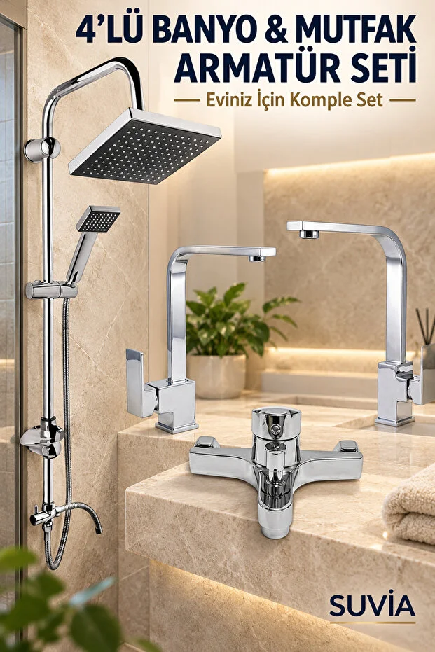 Banyo Batarya Seti 4 Lü Mutfak Lavabo Bataryası Banyo Bataryası Yağmurlama Duş Seti Krom