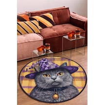Zilli Kedi Desenli Yuvarlak Halı Mor Sarı Cadı Şapkalı Şönil Dekoratif Halı Mor Sarı Turuncu