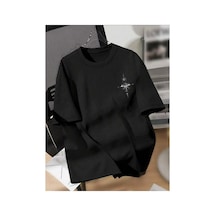 Medinenur Göğüs Pusula Baskılı Basic T-shirt Siyah