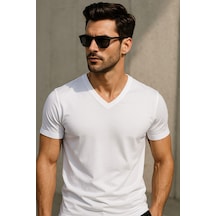 Rich Erkek V Yaka %100 Pamuk Kısa Kollu Beyaz T-shirt Beyaz
