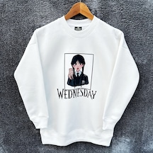 Wednesday Oversize Baskılı Pamuklu  Uzun  Kollu Bisiklet Yaka Sweatshirt Ekru
