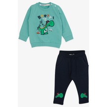 Breeze Erkek Bebek Eşofman Takımı Dinozor Nakışlı 6 Ay-2 Yaş, Mint Yeşili