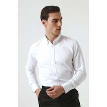 D's Damat Slim Fit Armürlü Düğmeli Yaka Pamuklu Erkek Gömlek - Beyaz 5HC02ORT07265 Beyaz