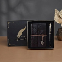 Kutulu Deri Defter Ve Metal Roller Kalem Seti - Yaprak Desenli - Baskıya Uygun