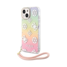Apple Uyumlu iPhone 15 Plus Kılıf Guess Lisanslı Yazı Logolu Askı İpli Holografik Glitter Peony