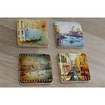 Venedik Manzaraları Doğal Taş Bardak Altlığı 4'lü Set - Natural Stone Coasters - Taş Çok Renkli