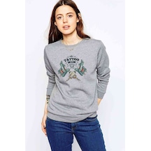 Tatto Love Retro White Baskılı Gri Kadın Sweatshirt