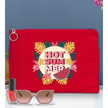 Bk Gift Yaz Temalı-8 Astarlı Kırmızı Portföy Çanta 30x21cm, Baskılı El Çantası, Organizer Çanta