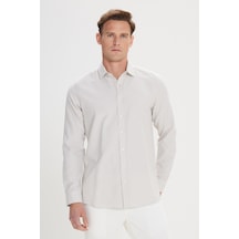 Erkek Beyaz Bej Kolay Ütülenebilir Slim Fit Düğme Yaka Gofre Desenli Gömlek