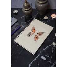 Kelebek Desenli Ahşap Defter - Ajanda - Günlük - Çizgisiz Defter Ahşap Rengi Banu - A5 Notebook