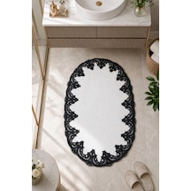 Dantelli Kaymaz Deri Tabanlı Oval Banyo Paspası Güpürlü Yıkanabilir Banyo Takımı Piera Beyaz
