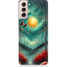 Samsung Galaxy S21 Uyumlu Ay Işığında Kırmızı Kuşlar Desenli Silikon Kılıf Çok Renkli