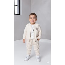 Bontino Erkek Çocuk Sweatshirt, Hırka Ve Pantolonlu %100 Pamuk 3'lü Spor Takım Ekru