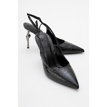 Luvishoes Luvi Shoes Chica Siyah Desenli Arkası Açık Sivri Burun Kadın Topuklu Ayakkabı Siyah Yılan Siyah