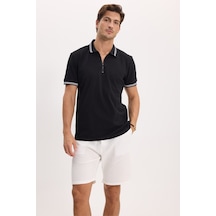 Tudors Erkek Slim Fit Dar Kesim %100 Pamuk Kısa Kollu Fermuarlı Siyah Polo Yaka Tişört-51564