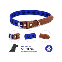 Köpek Boyun Tasması 53-60 Cm Pati Desenli Deri Uçlu Metal Tokalı - Mavi Kahverengi Çok Renkli