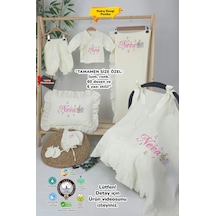 Gros Shop Müslin Yeni Doğan 4katlı Organik %100pamuk Kişiye Özgü Nakışlı Hastane Çıkış Seti Nota Model Ekru-1