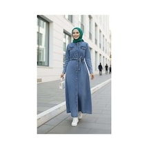 Hb Harma Time Butik Kadın Boncuk İşlemeli Düğmeli Kuşaklı Kot Mavi Elbise Mavi Mavi