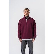 Erkek Respire Yazı Detaylı Yarım Fermuarlı Basic Sweatshirt Vişne Bordo