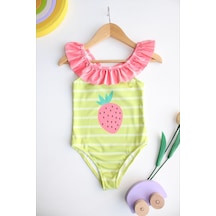 Lolliboomkids Kız Çocuk Çilek Desen Fırfır Yaka Yeşil Çizgili Pembe Detaylı Mayo Yeni Sezon Pembe - Su Yeşili