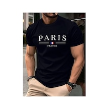 Caddemia Yaz  Rahat Gevşek Artı Boyutu Paris Fransız Baskılı Spor Rahat Yuvarlak Siyah 2XL