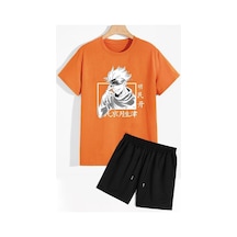 Uyguntarz Rahat Tasarım Anime Şort T-shirt Eşofman Takımı Turuncu
