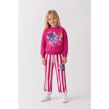 Love Baskılı Eşofman Çizgili Detaylı Kız Çocuk Sweatshirt & Eşofman Alt Üst Takım - Fuşya