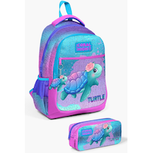 Coral High Kids Açık Pembe Mavi Kaplumbağa Desenli 2'li Okul Çanta Seti Set0223497