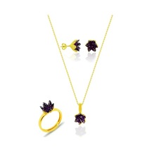 Sarı Yaldızlı Gümüş Lotus Çiçeği Küpe Yüzük Ve Kolyesi Ametist Ta