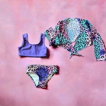 Lolliboomkids Kız Çocuk Mor Geçiş Leopar Desen Pareolu Bikini Takımı 3'lü Set